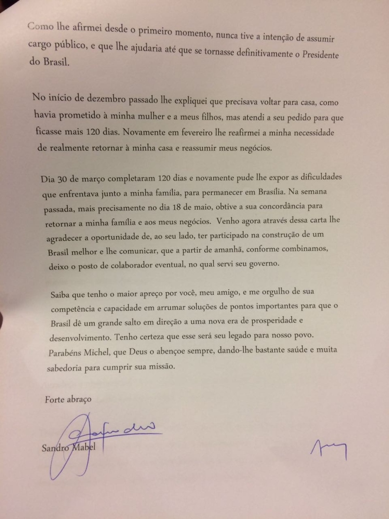 carta demissão Sandro Mabel