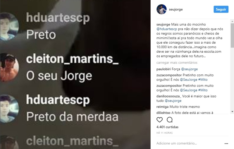 Cantor Seu Jorge é vítima de ataque racista no Instagram