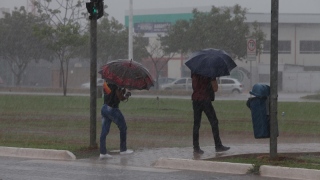 Chuva -alguns pedestres precavidos conseguiram fugir da chuva
