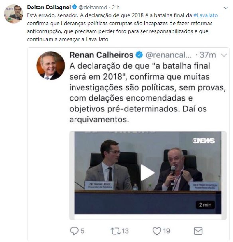 Deltan a Renan, no Twitter: ‘Está errado, senador’