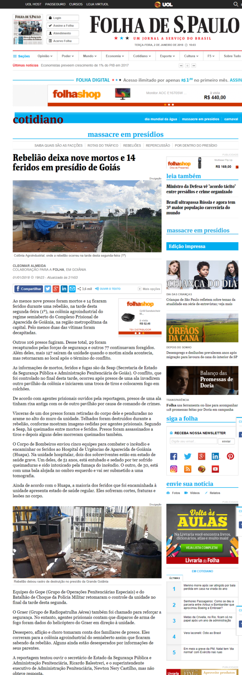 Imprensa nacional e internacional repercute massacre no Complexo Prisional em Goiás