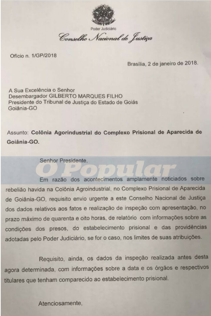 No 1º ofício do ano, Cármen Lúcia pede relatório sobre condições de presídios de Goiás após rebelião