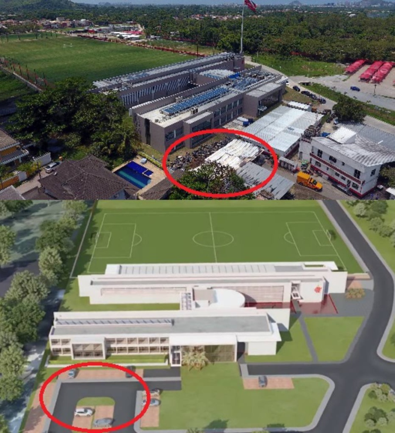 Imagens aéreas do Ninho do Urubu e do projeto apresentado pelo Flamengo mostram a diferença de como 