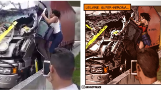 Imagens mostram mulher ajudando motorista cujo caminhão foi atingido por helicóptero em que estava R
