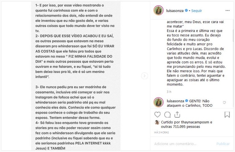 Luísa Sonza diz que saúde de Whindersson Nunes 'regrediu' após briga